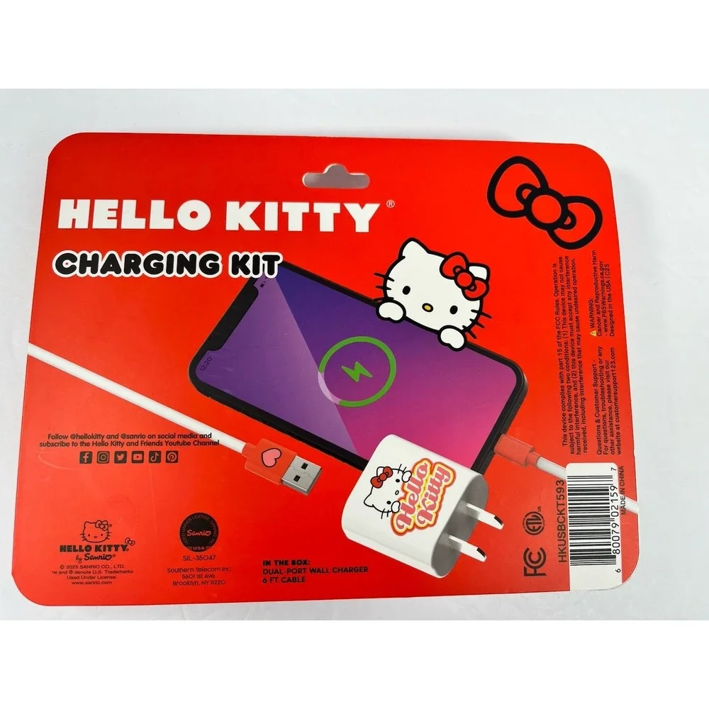 Hello Kitty by Sanrio 6ft USB Red Charging Cable Dual Port Wall Charger Kit